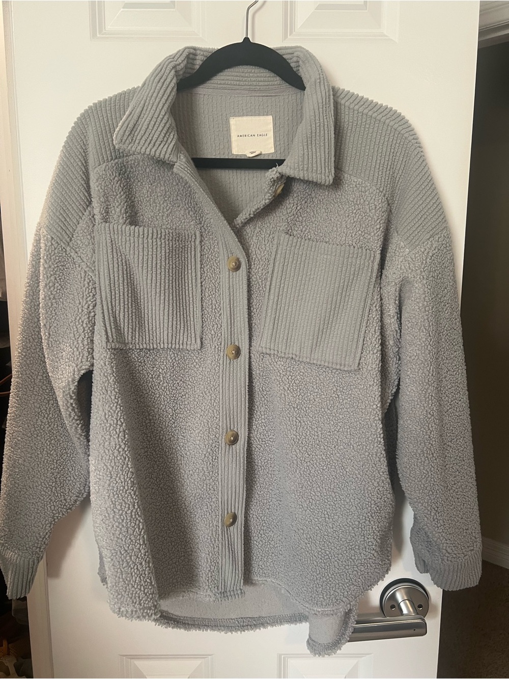 American Eagle Gray Ribbed Sherpa-Lined Jacket